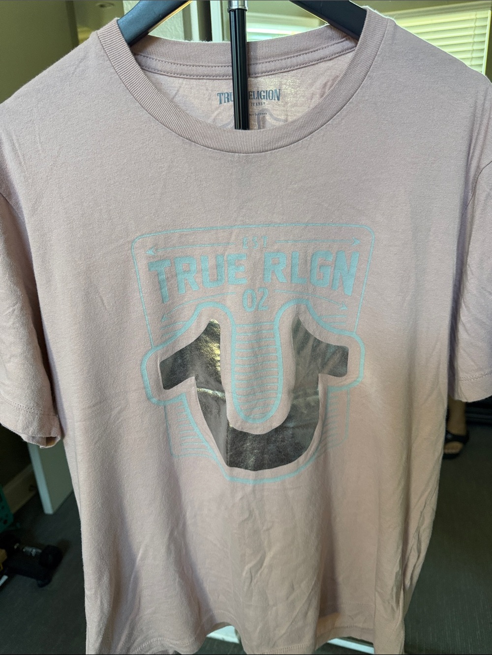 True Religion Pale Pink Short Sleeve Logo Tee with Silver Accent